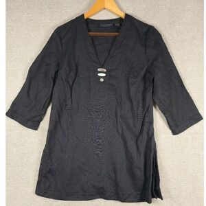Grace Elements Womens 10 Black 100% Linen V-Neck 3/4 Sleeve Tunic Top Side Slits